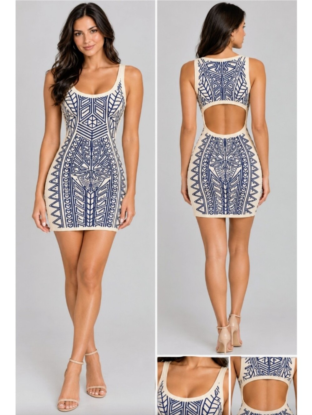 2B BEBE Cut Out Knit Mini Dress Size M Aztec Print Cream Blue Sexy Party NWT